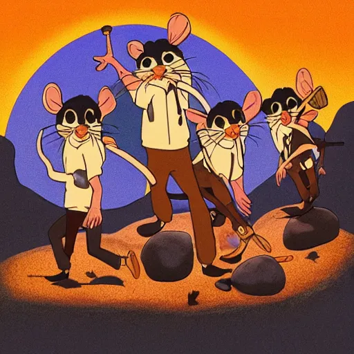 Image similar to rats playing in a rock band inspired by the beatles, wholesome, ghibli and disney animation, sharp, art by ken anderson and mel shaw, dramatic lighting, brown palette, high detail