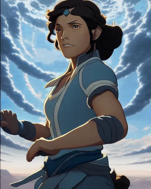 Image similar to korra from the legend of korra, character portrait, concept art, intricate details, highly detailed by greg rutkowski, michael whelan and gustave dore