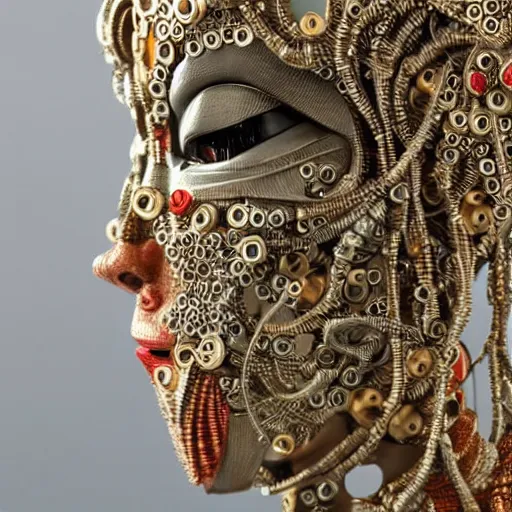 Image similar to close - up side view portrait of cyborg ( ( ( ( ( ( ( geisha ) ) ) ) ) ) ), robotic, machina, super intricate ornaments artwork.