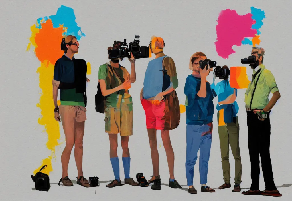 Image similar to full body portrait of a trio of european tourists with nikon cameras, character designs painting, in the style of wes anderson, rene magritte, lola dupre, david hockney, isolated on white background, dark monochrome neon spraypaint accents volumetric octane render