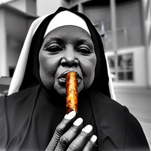 Image similar to a black nun wearing shiny jewelry, she's smoking a cigar and puffing smoke, kodak film photo, amateur photography, candid