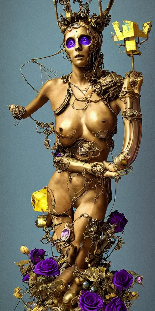 Prompt: a young beautiful Italian metal android with a large glowing yellow lit crystal in the center of her chest, full-body bronze cyberpunk style statue of Venus with glowing purple eyes, crown of mechanical peach roses, flowing teal-colored silk, fabric, steampunk flowers. baroque elements, human skull. full-length view. baroque element. intricate artwork by caravaggio. many flying horses on background. Trending on artstation, octane render, cinematic lighting from the right, hyper realism, octane render, 8k, depth of field, 3D