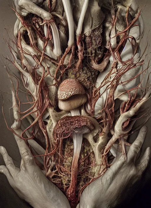 Image similar to magic mushroom with translucent skin, visible muscles and veins and arteries and bones and spines and nerves, beautiful detailed intricate insanely detailed octane render, 8k artistic photography, photorealistic, chiaroscuro, by David Cronenberg, Raphael, Caravaggio