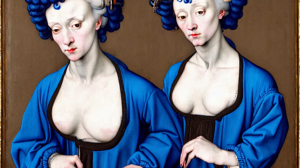 Prompt: photorealistic portrait of a woman with blue hair and big hair hair curlers, wearing a baggy pajamas, intricate details, highly detailed, in the style of rogier van der weyden and jacopo da pontormo, punk, masterpiece