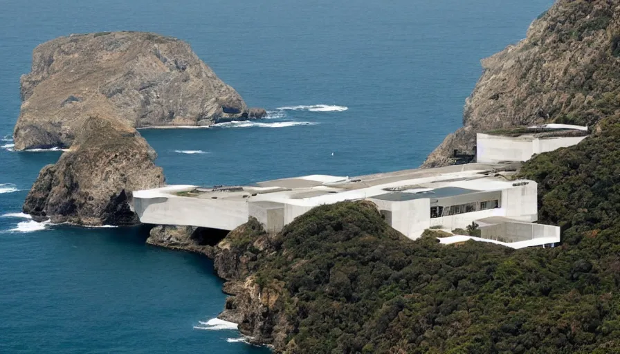 Image similar to big military base perched on a cliff overlooking a magnificient bay, laboratory, drawing architecture, science fiction, pritzker architecture prize, greig fraser