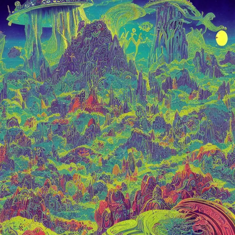 Image similar to mysterious ufo hovering over magical crystal temple, bright neon colors, highly detailed, cinematic, hiroo isono, eyvind earle, philippe druillet, roger dean, lisa frank, aubrey beardsley, ernst haeckel