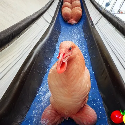 Prompt: raw chicken meat sliding down a waterslide