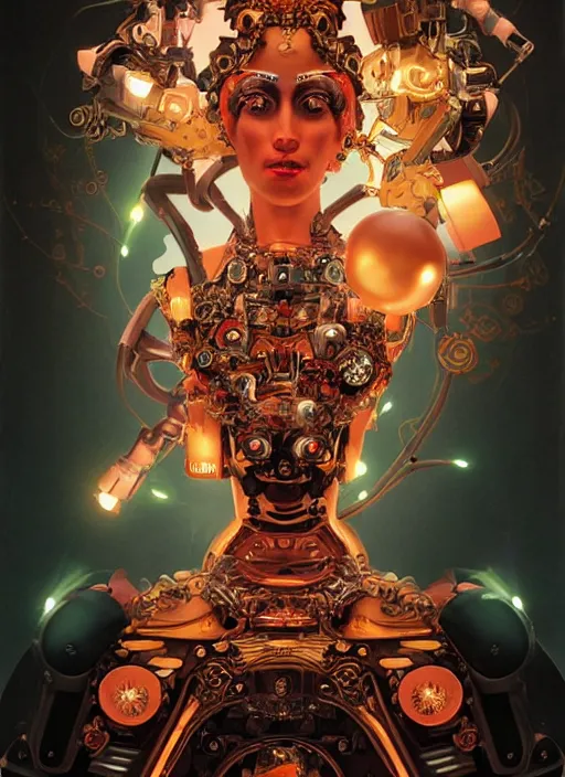 Prompt: full-body rococo and cyberpunk style sculpture of a young seductive Latina princess half android with a chest exposing circuitry, glowing orange seductive laser eyes, crown of red sparks and diamonds, swirling orange-colored silk fabric, robotic raptors. baroque elements. full-length view. intricate artwork by caravaggio. art by Artgerm and Greg Rutkowski and Alphonse Mucha, Trending on artstation, cinematic industrial lighting, hyper realism, octane render, 8k, depth of field, 3D