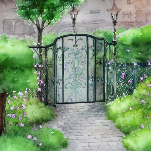 Prompt: delicate, chairs, garden, paved, botanic watercolors, iridescent, 8 k, realistic shaded, fine details, artstation, italian, iron gate, tree, mediterranean, neon