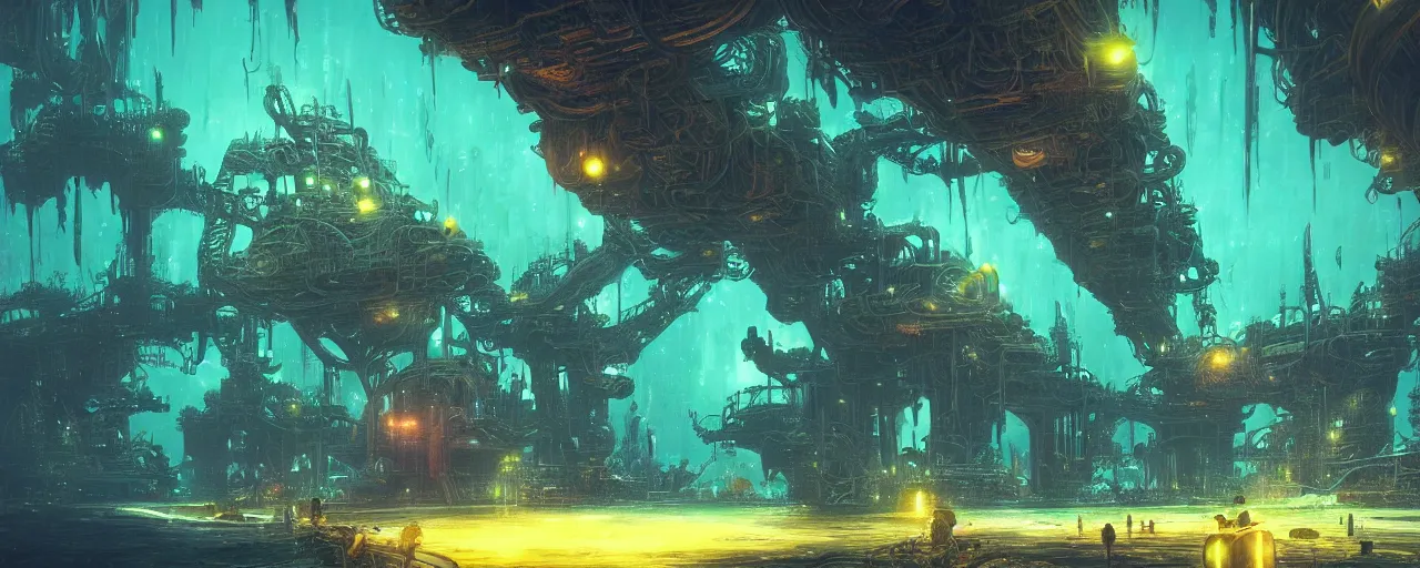 Image similar to ” dark underwater otherwordly terminal lit by bioluminescense, [ deepsea, cinematic, detailed, epic, widescreen, opening, establishing, mattepainting, photorealistic, realistic textures, octane render, art by slop and paul lehr ] ”