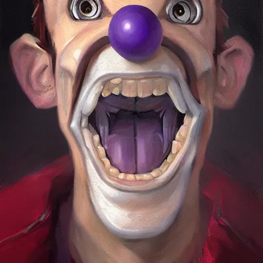 Image similar to portrait painting waluigi, silly, angry, rolling his eyes, painted by greg rutkowski,