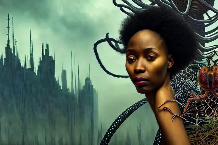 Image similar to realistic detailed closeup portrait movie shot of a beautiful black woman riding a giant spider, dystopian city landscape background by denis villeneuve, amano, yves tanguy, alphonse mucha, max ernst, ernst haeckel, edward robert hughes, roger dean, cyber necklace, rich moody colours, sci fi patterns, wide angle