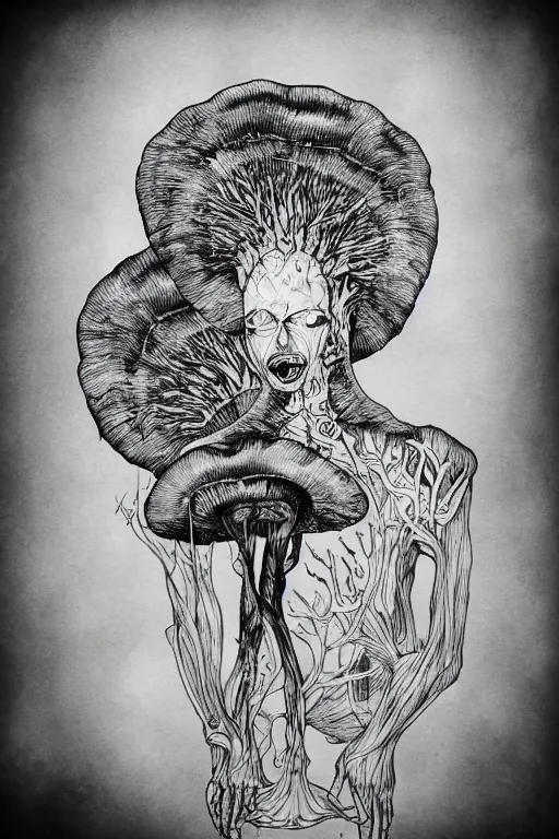 Image similar to black and white illustration, creative design, body horror, mushroom man