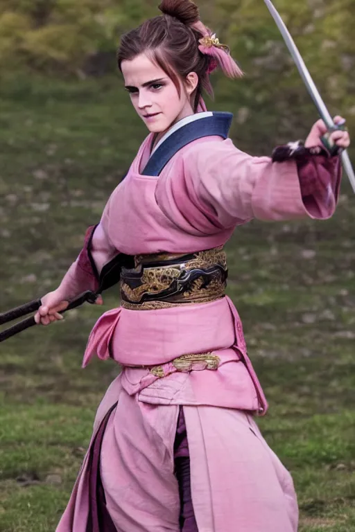 Prompt: highly detailed beautiful photo of emma watson as a young female samurai, practising sword stances, symmetrical face, beautiful eyes, pink hair, realistic anime art style, 8 k, award winning photo, pastels colours, action photography, 1 / 1 2 5 shutter speed, sunrise lighting
