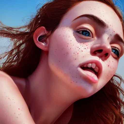 Image similar to portrait of a cute thin young woman, red blush, cute freckles, smug smile, modern clothes, relaxing on the beach, golden hour, close up shot, 8 k, art by irakli nadar, hyperrealism, hyperdetailed, ultra realistic