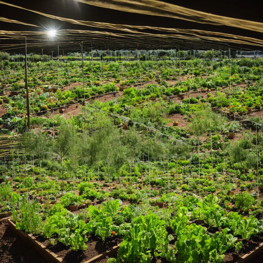 Image similar to permaculture biosphere, closed ecosystem, racks of vegetables propagated under shadecloth, in the middle of the desert, with a miniature indoor lake, XF IQ4, 150MP, 50mm, F1.4, ISO 200, 1/160s, natural light at sunset with outdoor led strip lighting