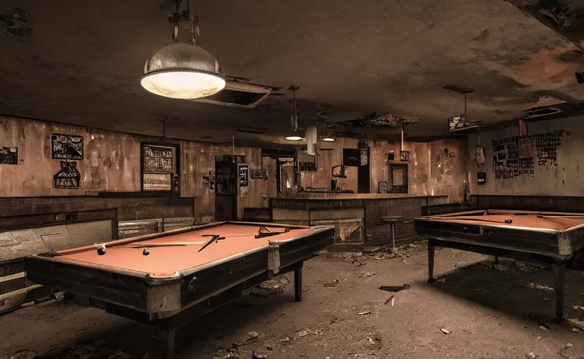 Prompt: a dark photo of old pool tables in an abandoned 5 0 s bar in new vegas by lori nix