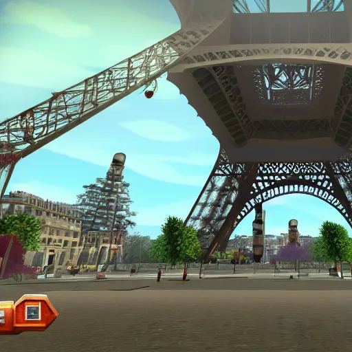 Image similar to eiffel tower in demolition simulator, in game screenshot