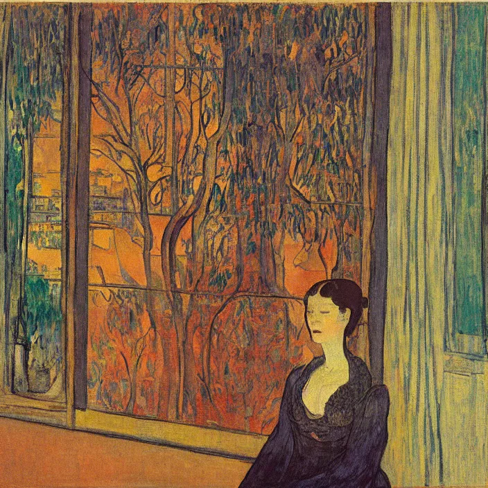 Prompt: portrait of sad woman and persian cat with city with gothic cathedral and tall trees seen from a window frame with curtains. sunset. mikalojus konstantinas ciurlionis, henri de toulouse - lautrec, utamaro, matisse, monet