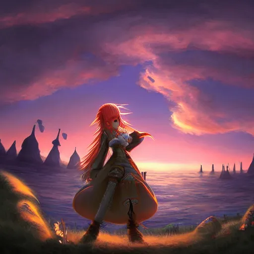 Prompt: painting of vivi!!!!!!!! from final fantasy 9!!!!!, watching a purple and orange sunset!!, from the black mage cemetery!!!, in the style of justin gerard!!!!