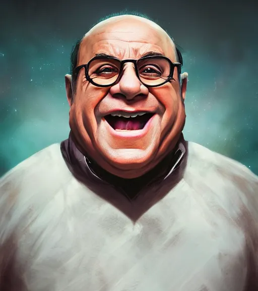 Image similar to An epic fantasy comic book style portrait painting of Danny DeVito, fisheye lens, unreal 5, DAZ, hyperrealistic, octane render, cosplay, RPG portrait, dynamic lighting