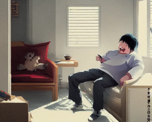 Prompt: a 50 year old brunnete happy chinese man with puffy cheeks sitting on a couch at home and talking on the phone with a worried face, anime art, Greg Rutkowski, studio ghibli, dramatic lighting