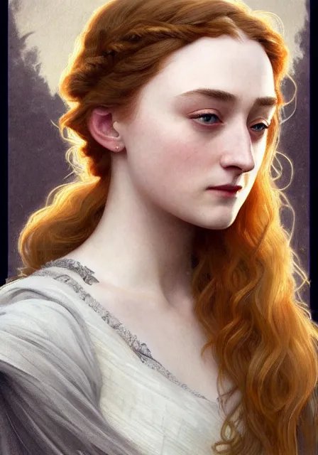 Image similar to sansa saoirse ronan, intricate, elegant, highly detailed, digital painting, artstation, concept art, smooth, sharp focus, illustration, art by artgerm and greg rutkowski and alphonse mucha and william - adolphe bouguereau