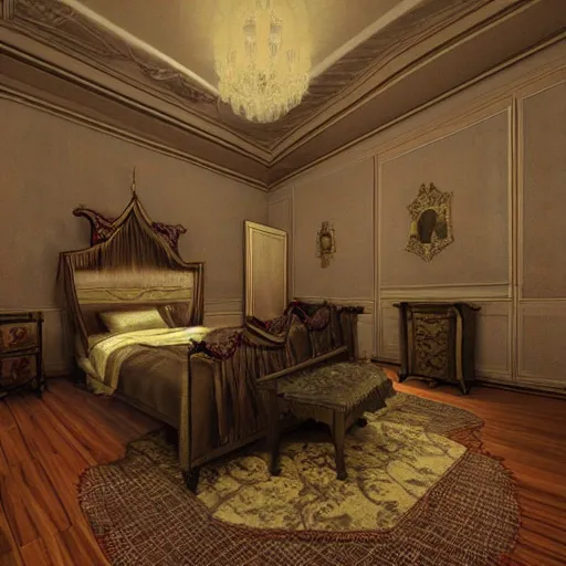 Prompt: haunted mansion bedroom in the style of an archvis render