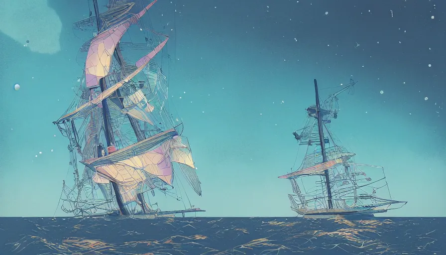 Prompt: a sailing ship in the sea by inio asano, beeple and james jean, aya takano color style, 4 k, super detailed, night sky, digital art, digital painting, celestial, majestic, colorful