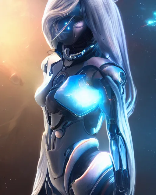 Image similar to perfect android girl on a mothership, warframe armor, beautiful face, scifi, futuristic, galaxy, nebula, raytracing, dreamy, long white hair, blue cyborg eyes, sharp focus, cinematic lighting, highly detailed, artstation, divine, by gauthier leblanc, kazuya takahashi, huifeng huang