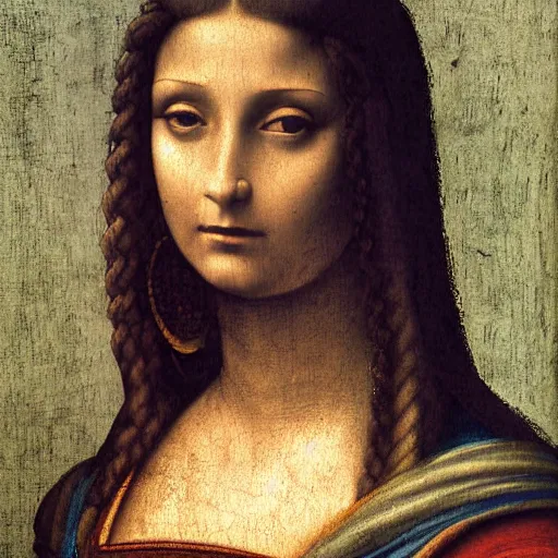 Prompt: a half - length portrait of lisa gherardini by the italian renaissance artist leonardo da vinci