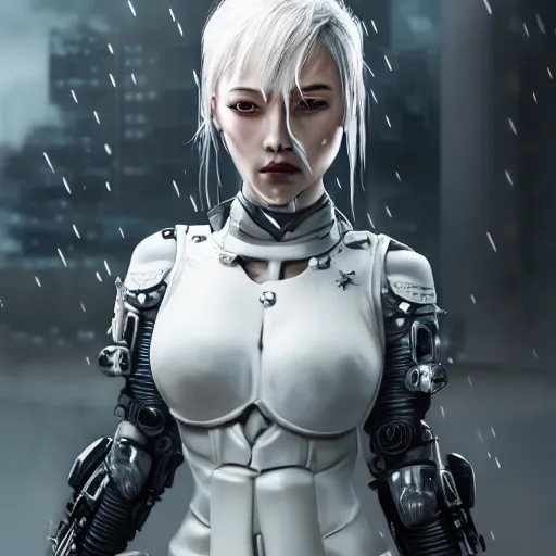 Prompt: An epic fantastic realism comic book style portrait painting of a female cyber warrior, dieselpunk armor, korean girl, white hair, porcelain pale skin, cyberpunk color raining tokyo everywhere, Concept world Art, unreal 5, DAZ, hyperrealistic, octane render, cosplay, RPG portrait, dynamic lighting