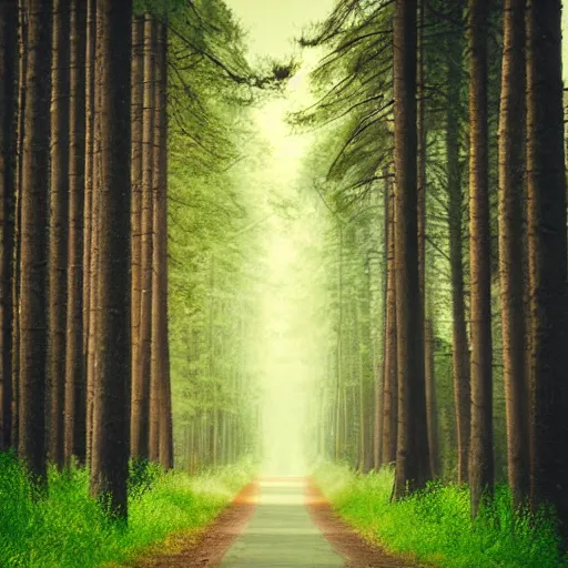 Prompt: a sporty guy runs alone through a forest with tall trees, acid-green sneakers, a photo from the back in perspective, art by Mikko Lagerstedt, ,