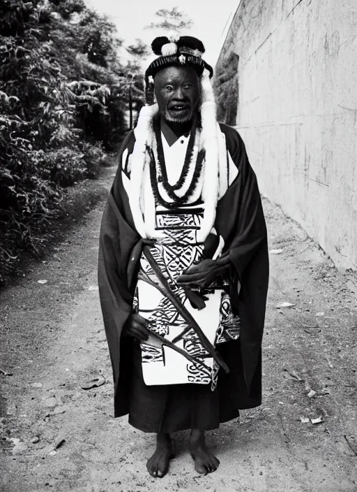 Prompt: analogue photo of an Igbo tribal chief wearing Japanese Haori & Hakama, 35mm, f/1.4,photo shot my Martha Cooper,