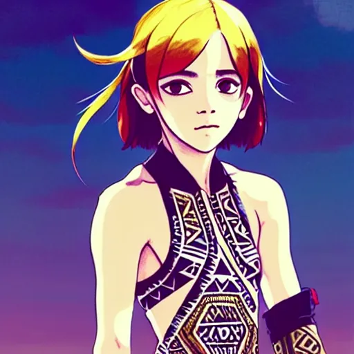 Image similar to a beautiful boyish emma watson alluring instagram model, wearing japanese hiphop aztec leotard outfit with mayan pattern and native style, aztec street fashion bathing suit, botw style, gapmoe yandere grimdark, trending on pixiv fanbox, painted by greg rutkowski makoto shinkai takashi takeuchi studio ghibli, akihiko yoshida