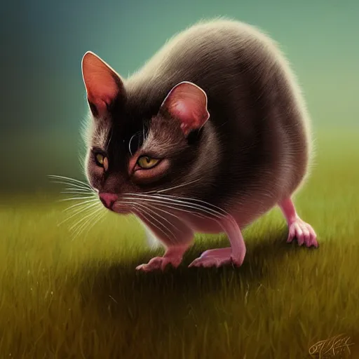 Prompt: hybrid of mouse and cat, half cat - half mouse, digital art, photo realistic, highly detailed, art by george stubbs, anton fadeev, james gurney, ilya kuvshinov