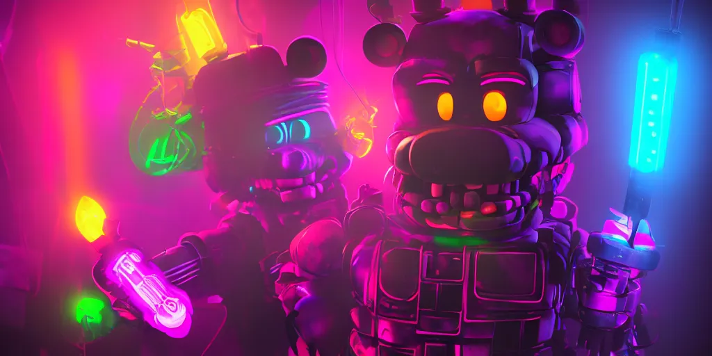 Image similar to fnaf freddy, cyberpunk, rgb, neon, hd, cinematic,