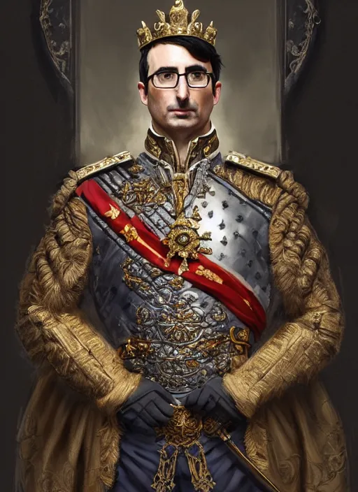 Image similar to portrait of lord john oliver as stoic king, royalty, extravagant, lord, full body, military uniform, fantasy, intricate, elegant, beautiful, highly detailed, charcoal, centered, dark, smokey, digital painting, artstation, concept art, art by artgerm and greg rutkowski and alphonse mucha