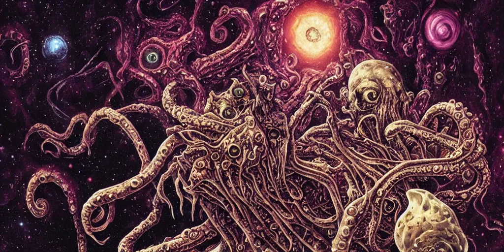 Image similar to cosmic horror, hd, music, human, trumpet, musician, biological indicators, cthulhu ( fictional divinity created by h. p. lovecraft ), elegant, drugs, history book, written in red