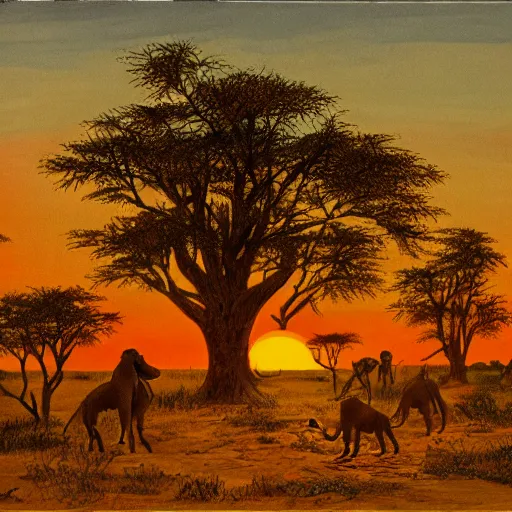 Image similar to rutkowski illustration of a safari at sunset