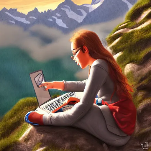 Prompt: female junior developer working outside in the mountains, alps, 4k, digital art, highly detailed, digital painting, artstation