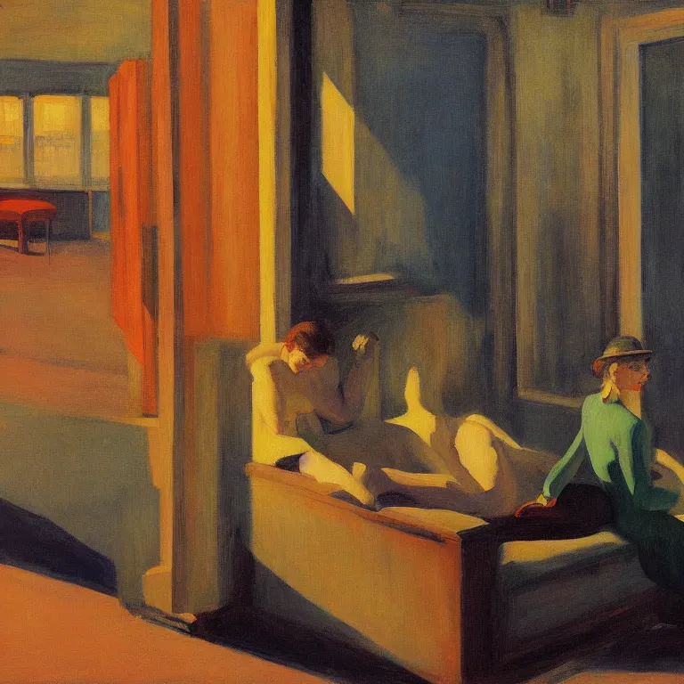 Prompt: stream of consciousness, painted by Edward Hopper, painted by Wayne Barlow