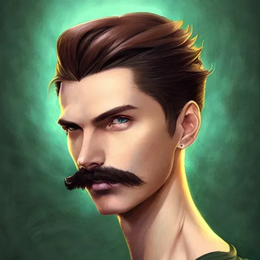 Image similar to portrait of a man with brown undercut hair,green eyes,thin moustache,Character design by charlie bowater, ross tran, artgerm, and makoto shinkai, detailed, inked, western comic book art, 2021 award winning painting,digital art,ultra realistic,ultra detailed,art by greg rutkowski,detailed face,hyperdetailed,photorealistic