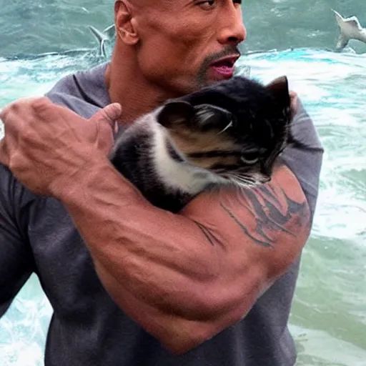 Image similar to dwayne johnson saving a kitten from a shark