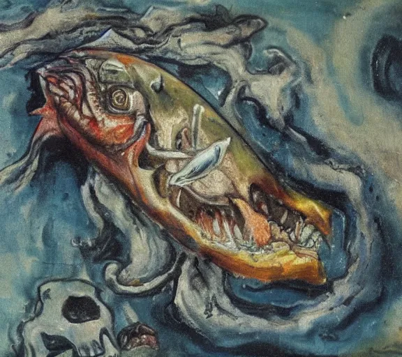 Prompt: a dead fish in the style of otto dix's der krieg, oil painting