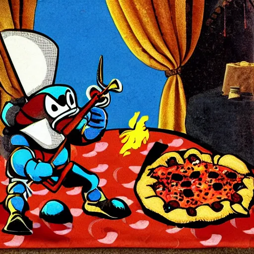 Prompt: shovel knight!!!!!! at his birthday party with pepperoni!! pizza by alessandro allori