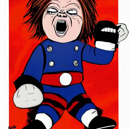 Image similar to screaming chucky doll in style of iron giant film