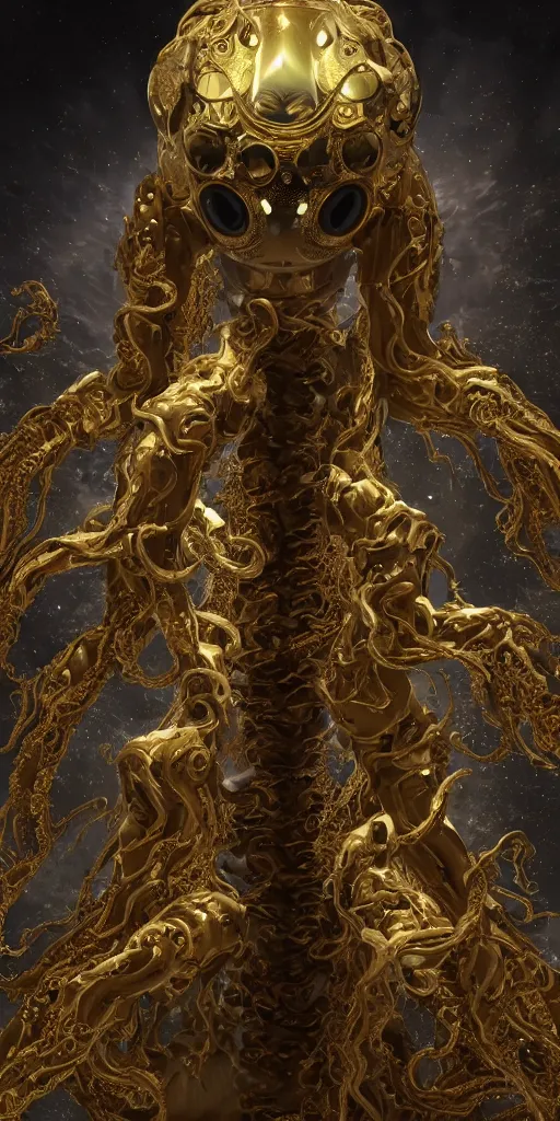 Prompt: a photo of a 8k ultra realistic corrupted lovecraftian golden humanoid queen standing next to a spaceship window overlooking earth, 8 intricate white and gold tentacles, ornate white and gold armour, cinematic lighting, trending on artstation, 4k, hyperrealistic, focused, extreme details, unreal engine 5, cinematic, masterpiece