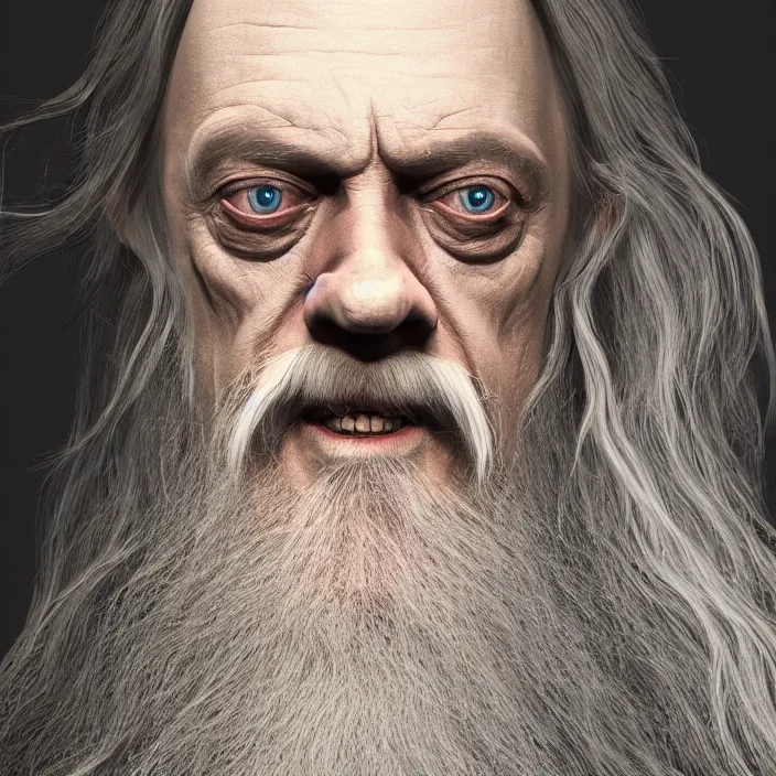 Image similar to portrait of Steve buscemi as Gandalf. intricate artwork. octane render, trending on artstation, very coherent symmetrical artwork. Peter Jackson, lord of the rings, return of the king. cinematic, high detail, octane render, 8k, iridescent accents