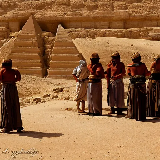 Image similar to egyptian workers wearing ancient clothing building the pyramids, historical reenactment, incredibly detailed, dramatic lighting, cinematic lens flare, 3 5 mm digital photo